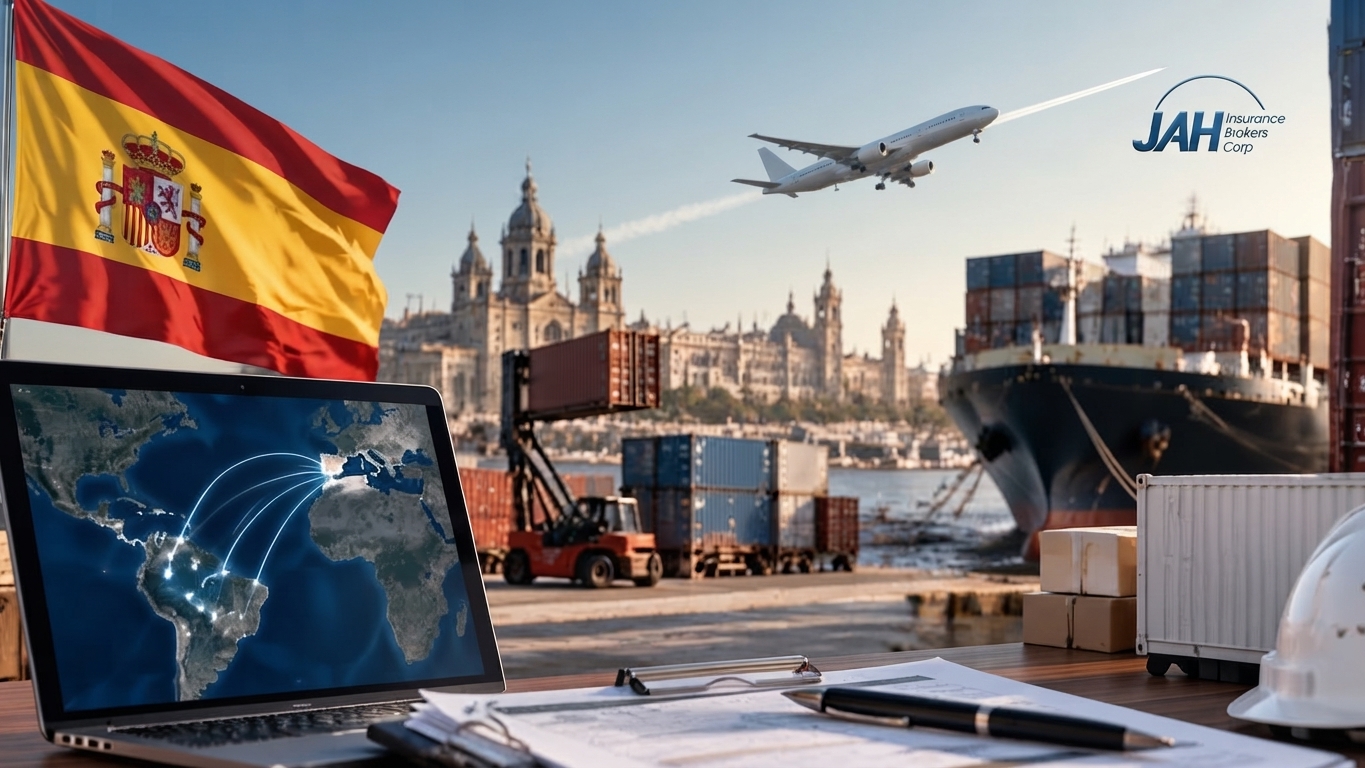 Exportador español revisando póliza de seguro de mercancías para envío a LATAM